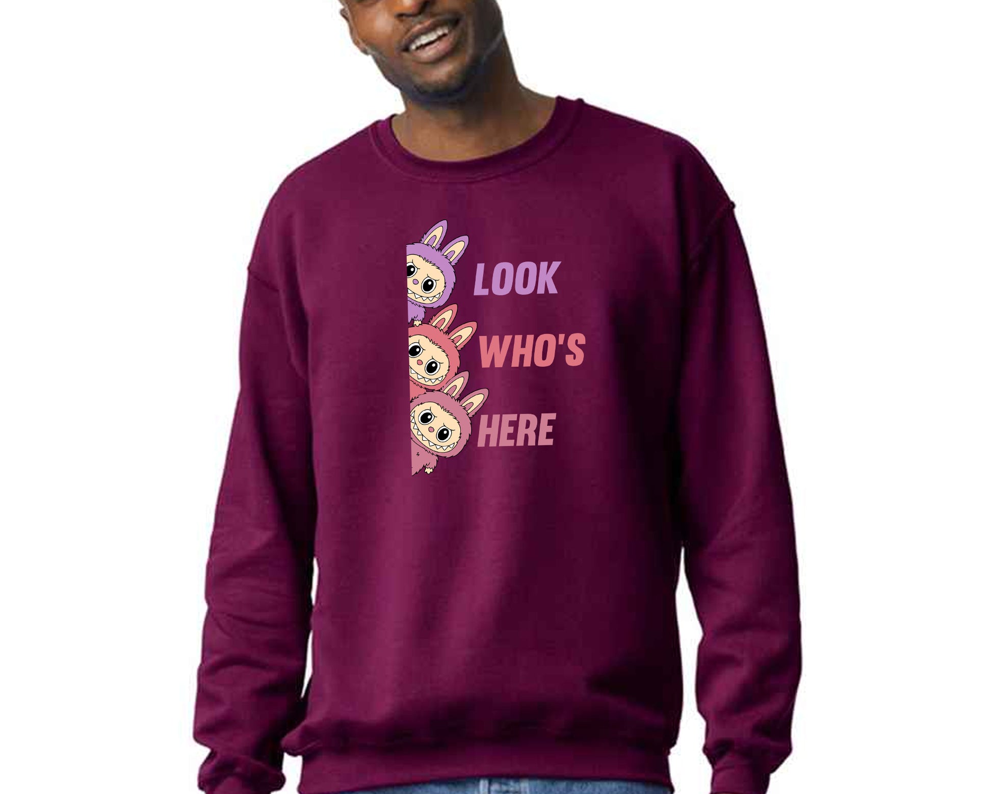 Labubu Cartoon Sweatshirt, Look Who's Here Design Heavy Blend Jumper, Cute Graphic Pullover For Unisex Kawaii Lovers M8426