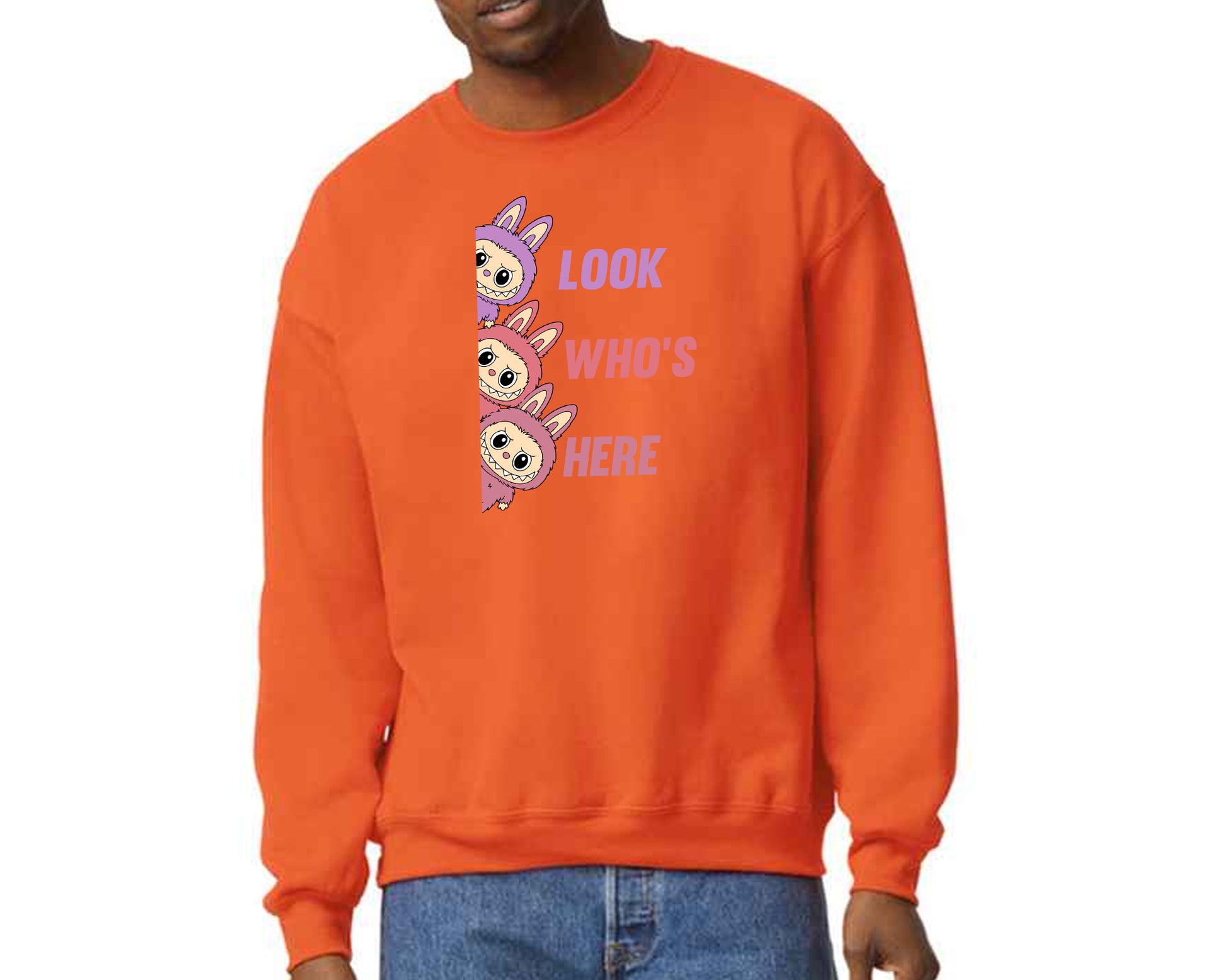 Labubu Cartoon Sweatshirt, Look Who's Here Design Heavy Blend Jumper, Cute Graphic Pullover For Unisex Kawaii Lovers M8426