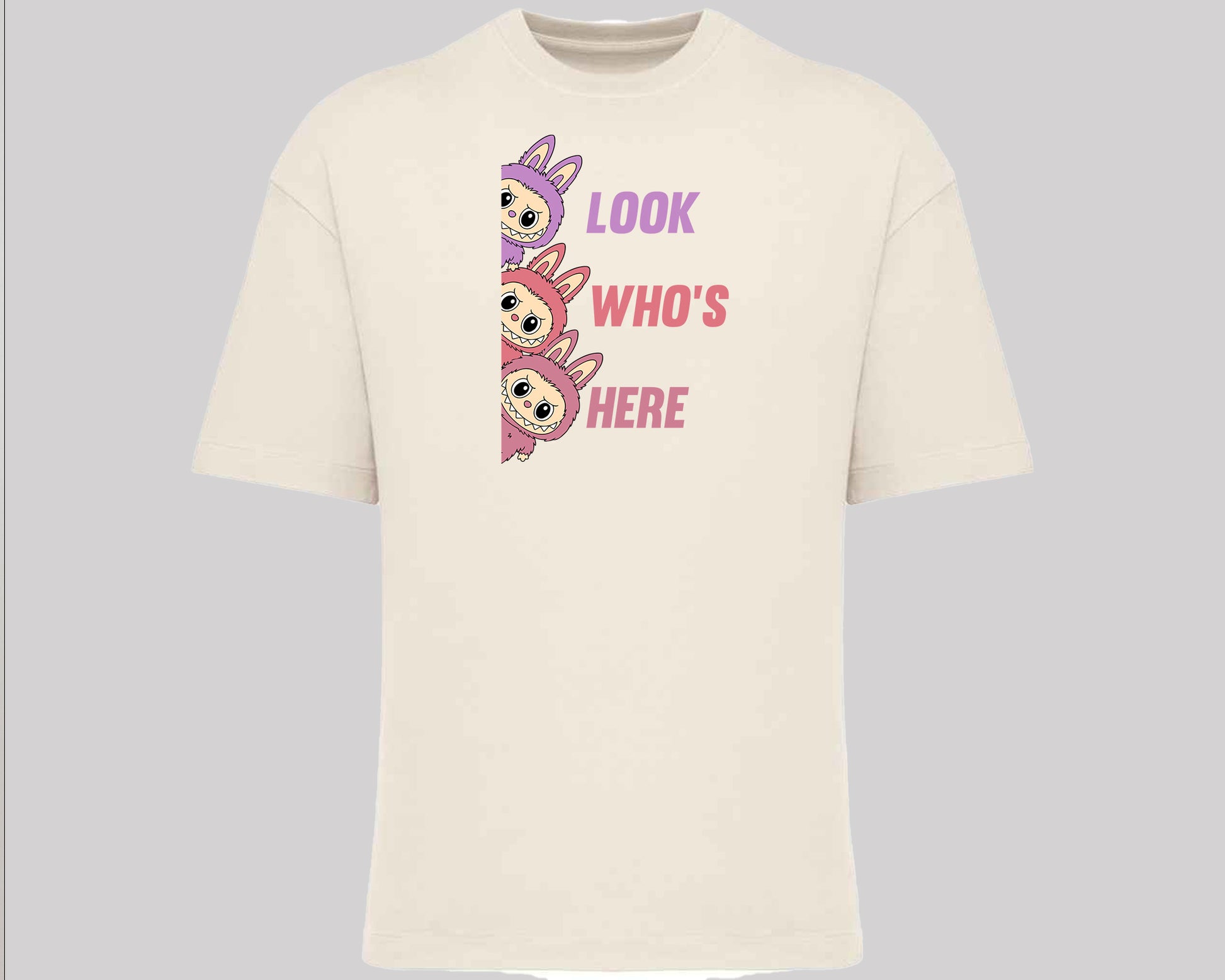 Labubu Look Who's Here T-Shirt, Funny 100% Cartoon Printed Graphic Tee, Oversized Fit Style For Anime Lovers Top M8426