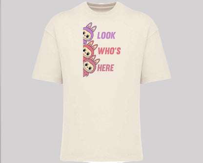 Labubu Look Who's Here T-Shirt, Funny 100% Cartoon Printed Graphic Tee, Oversized Fit Style For Anime Lovers Top M8426