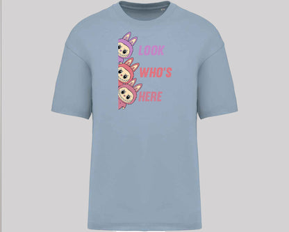 Labubu Look Who's Here T-Shirt, Funny 100% Cartoon Printed Graphic Tee, Oversized Fit Style For Anime Lovers Top M8426