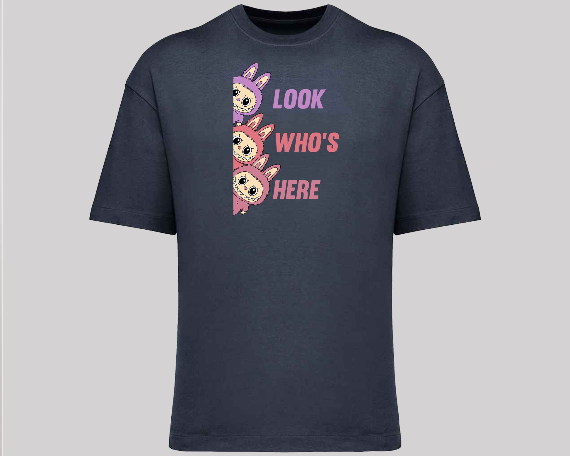 Labubu Look Who's Here T-Shirt, Funny 100% Cartoon Printed Graphic Tee, Oversized Fit Style For Anime Lovers Top M8426