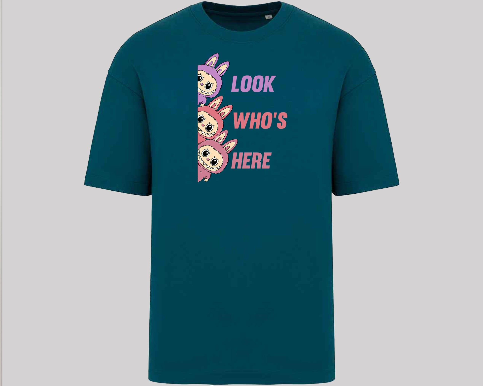 Labubu Look Who's Here T-Shirt, Funny 100% Cartoon Printed Graphic Tee, Oversized Fit Style For Anime Lovers Top M8426
