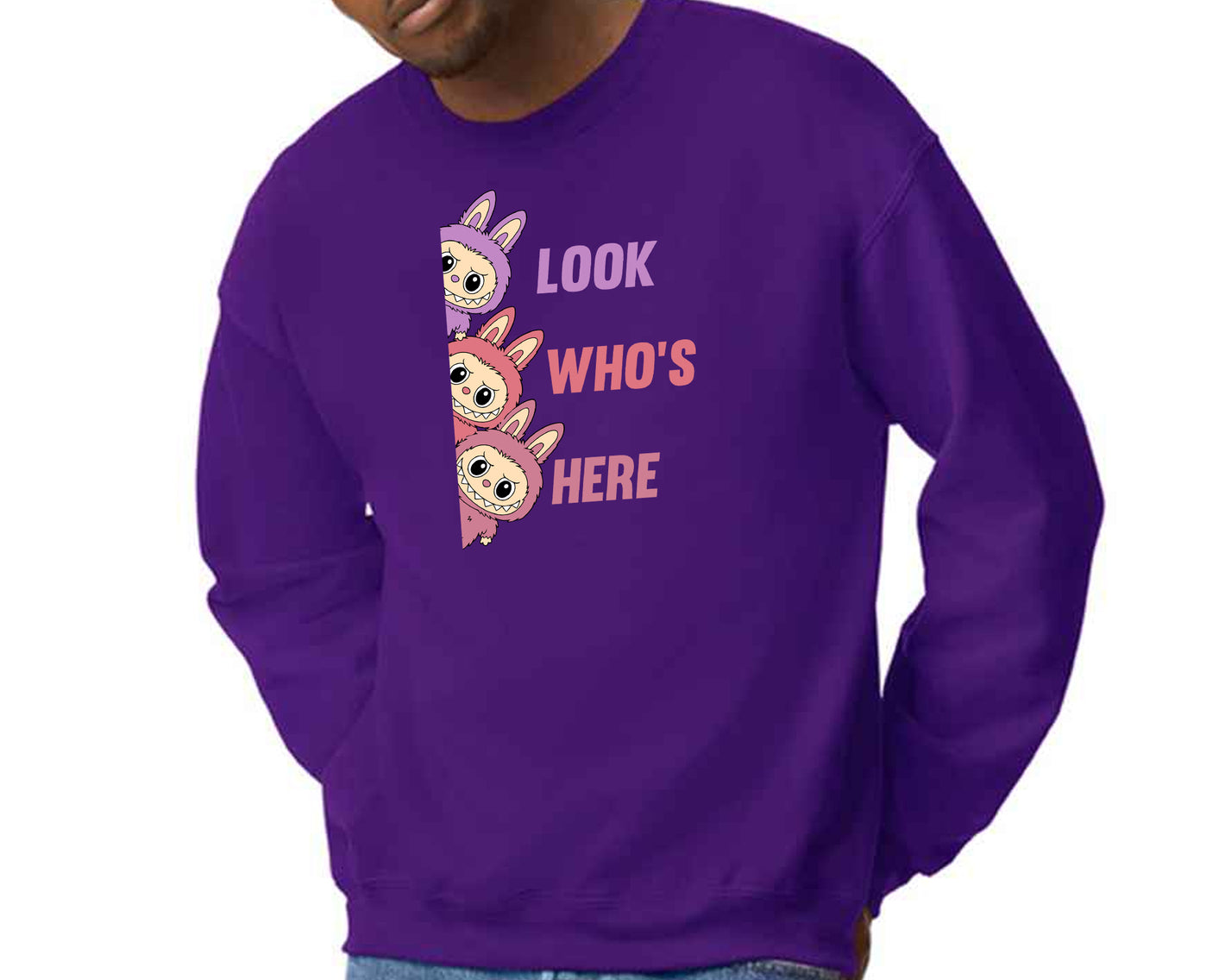 Labubu Cartoon Sweatshirt, Look Who's Here Design Heavy Blend Jumper, Cute Graphic Pullover For Unisex Kawaii Lovers M8426