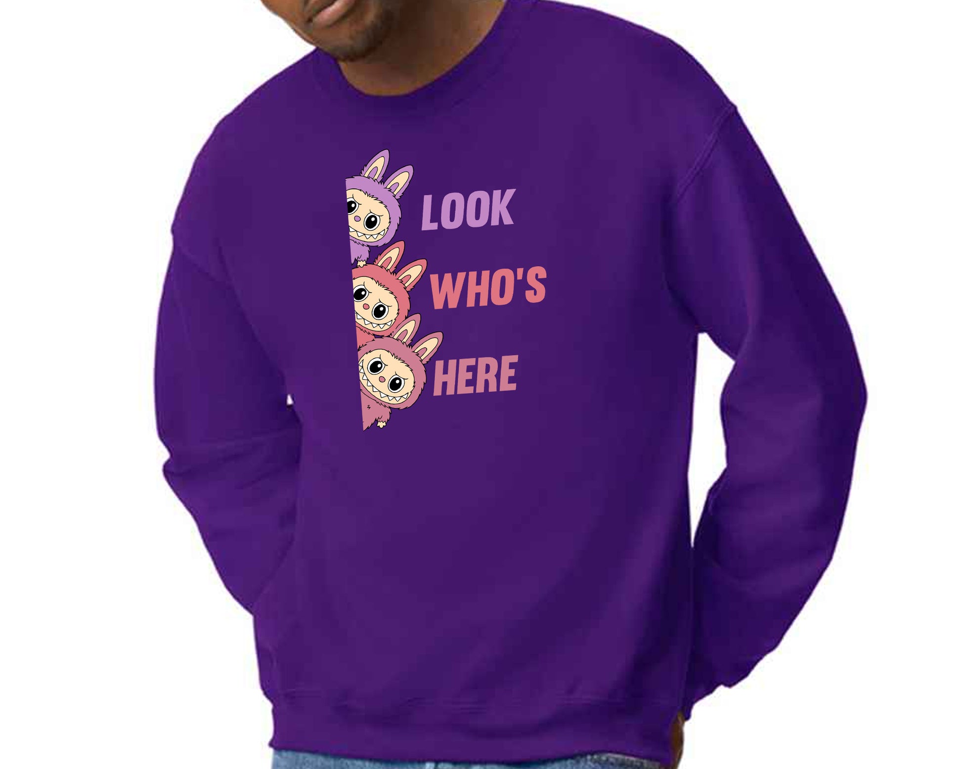 Labubu Cartoon Sweatshirt, Look Who's Here Design Heavy Blend Jumper, Cute Graphic Pullover For Unisex Kawaii Lovers M8426