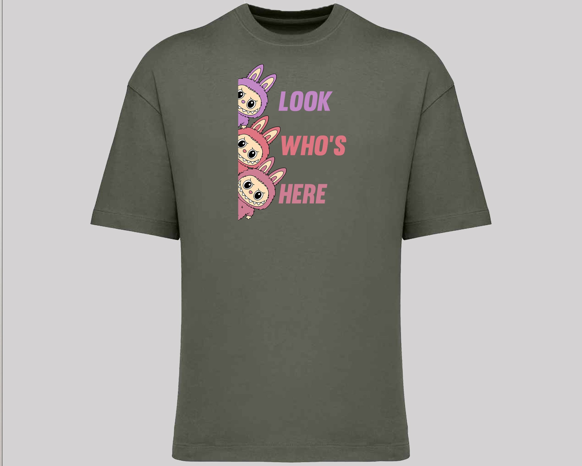 Labubu Look Who's Here T-Shirt, Funny 100% Cartoon Printed Graphic Tee, Oversized Fit Style For Anime Lovers Top M8426