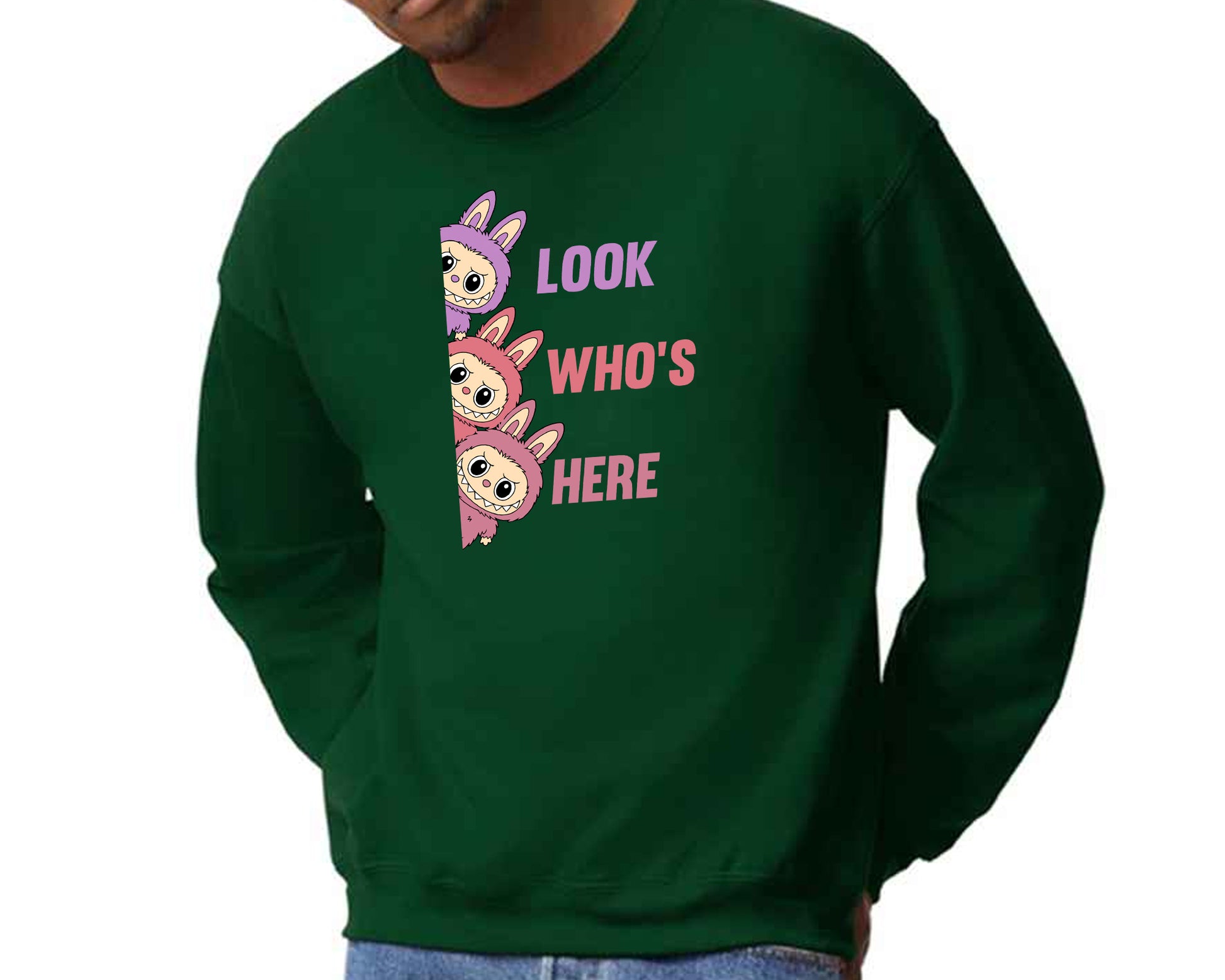 Labubu Cartoon Sweatshirt, Look Who's Here Design Heavy Blend Jumper, Cute Graphic Pullover For Unisex Kawaii Lovers M8426