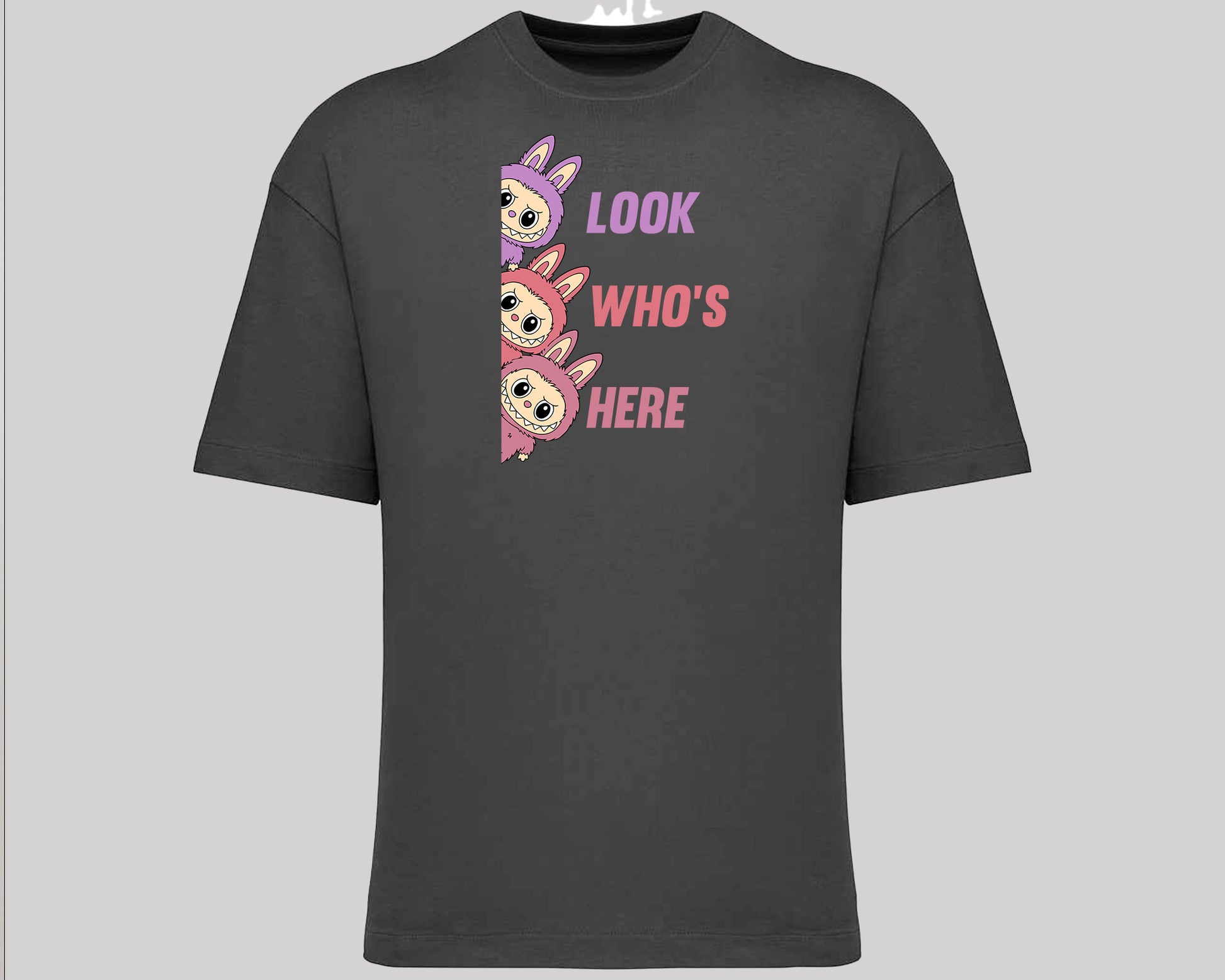 Labubu Look Who's Here T-Shirt, Funny 100% Cartoon Printed Graphic Tee, Oversized Fit Style For Anime Lovers Top M8426