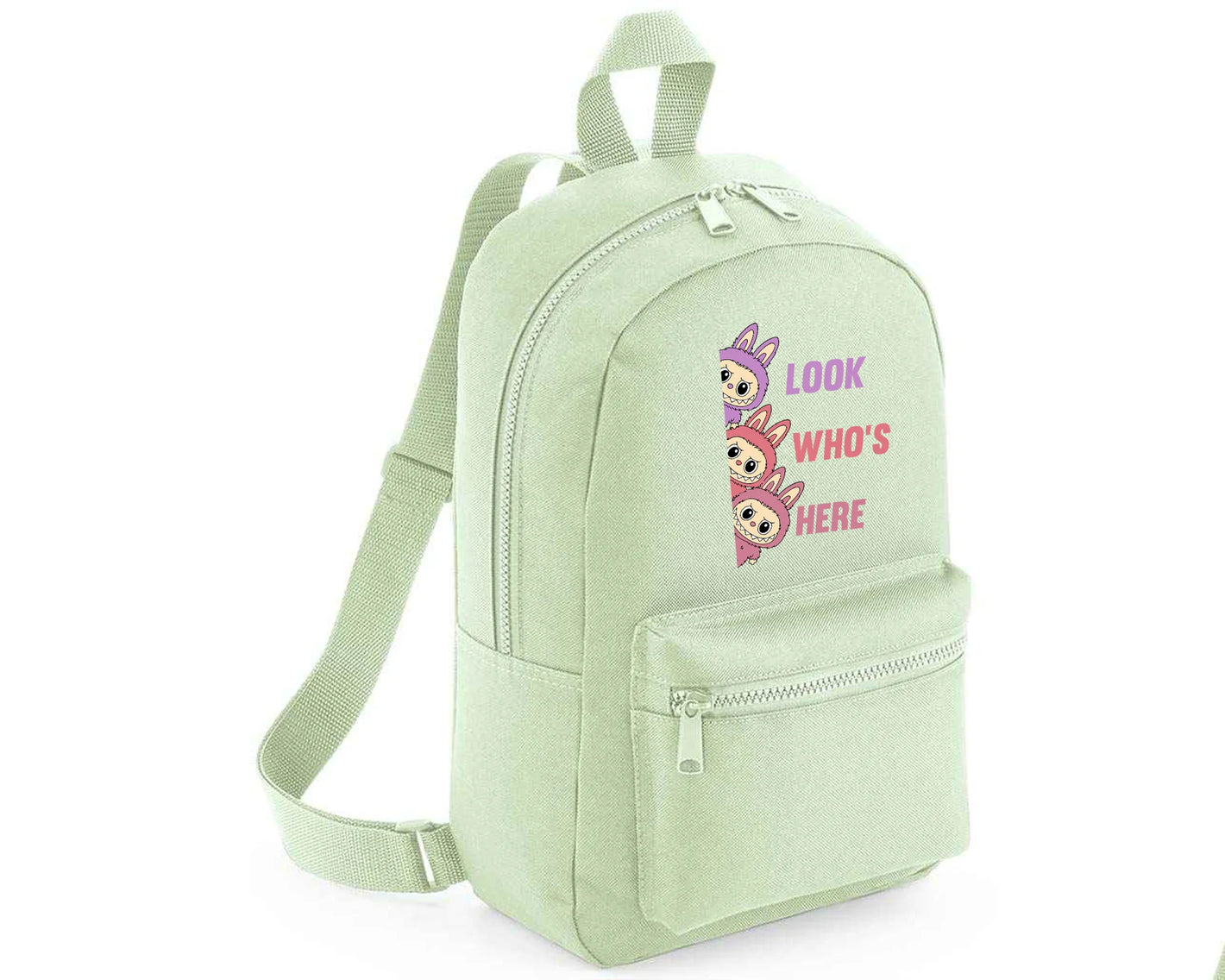 Labubu Look Who’s Here Backpack, Unisex Cartoon Printed Mini Essential Fashion Bag, Front Zip Pocket Kawayi Lovers M8426