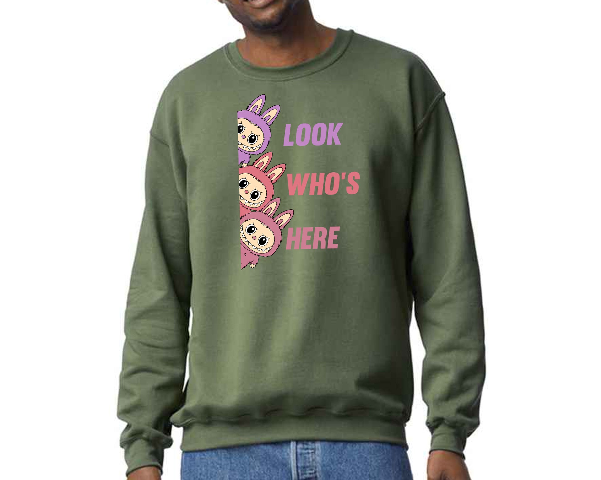 Labubu Cartoon Sweatshirt, Look Who's Here Design Heavy Blend Jumper, Cute Graphic Pullover For Unisex Kawaii Lovers M8426