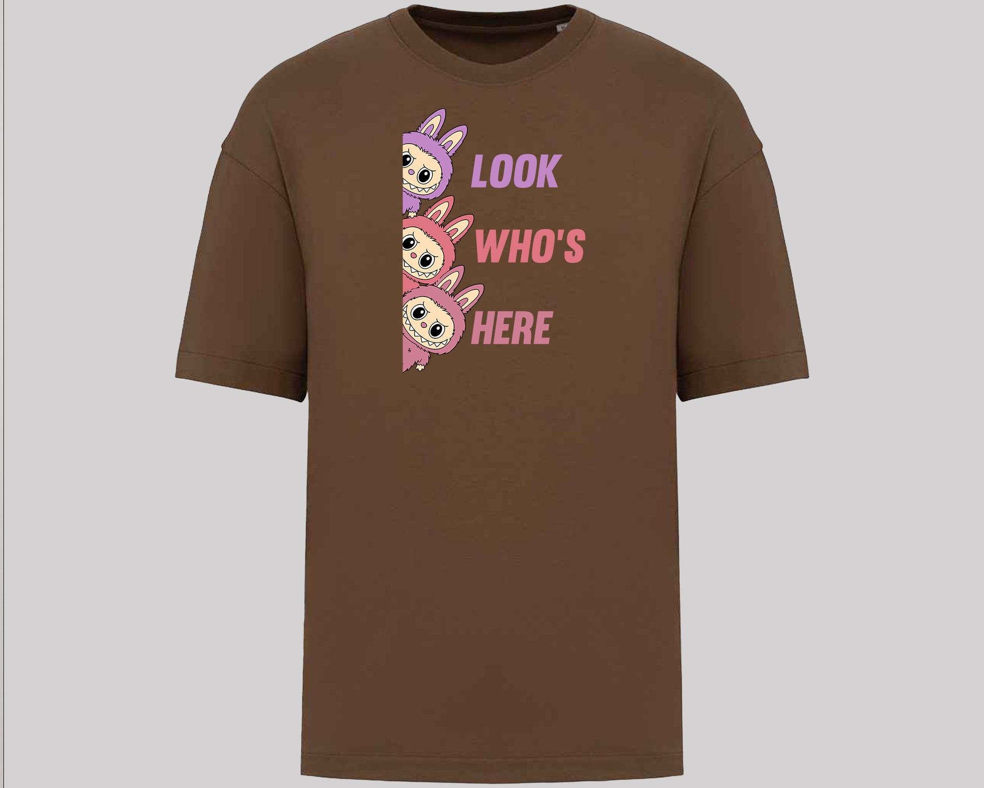 Labubu Look Who's Here T-Shirt, Funny 100% Cartoon Printed Graphic Tee, Oversized Fit Style For Anime Lovers Top M8426