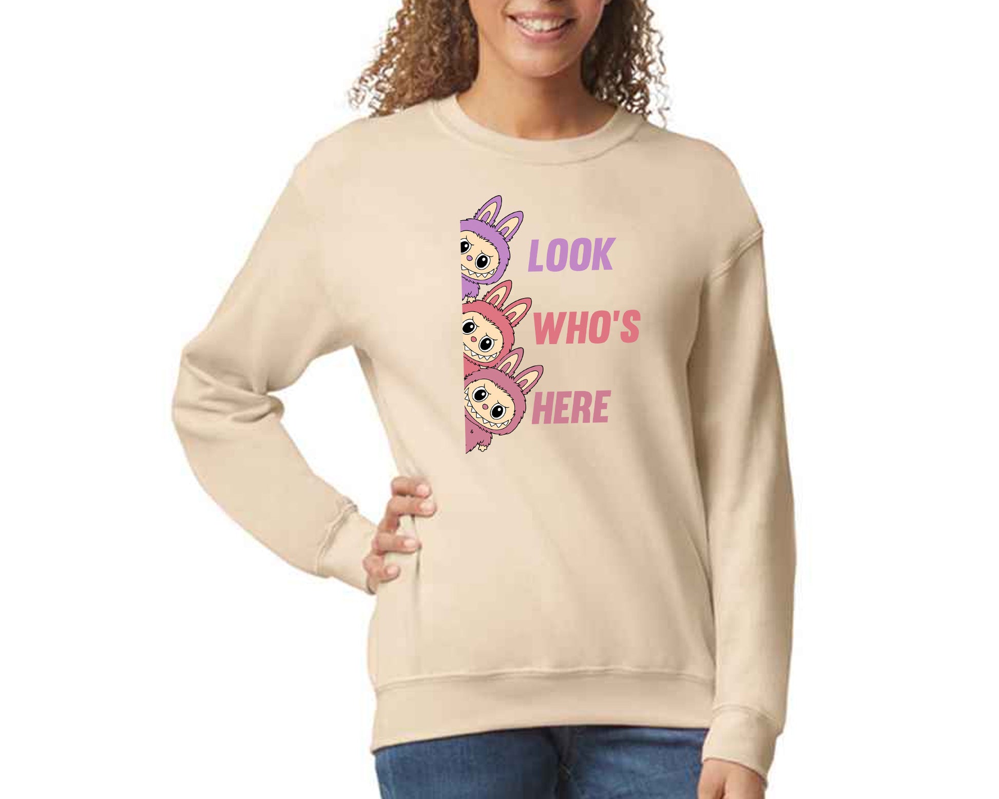 Labubu Cartoon Sweatshirt, Look Who's Here Design Heavy Blend Jumper, Cute Graphic Pullover For Unisex Kawaii Lovers M8426
