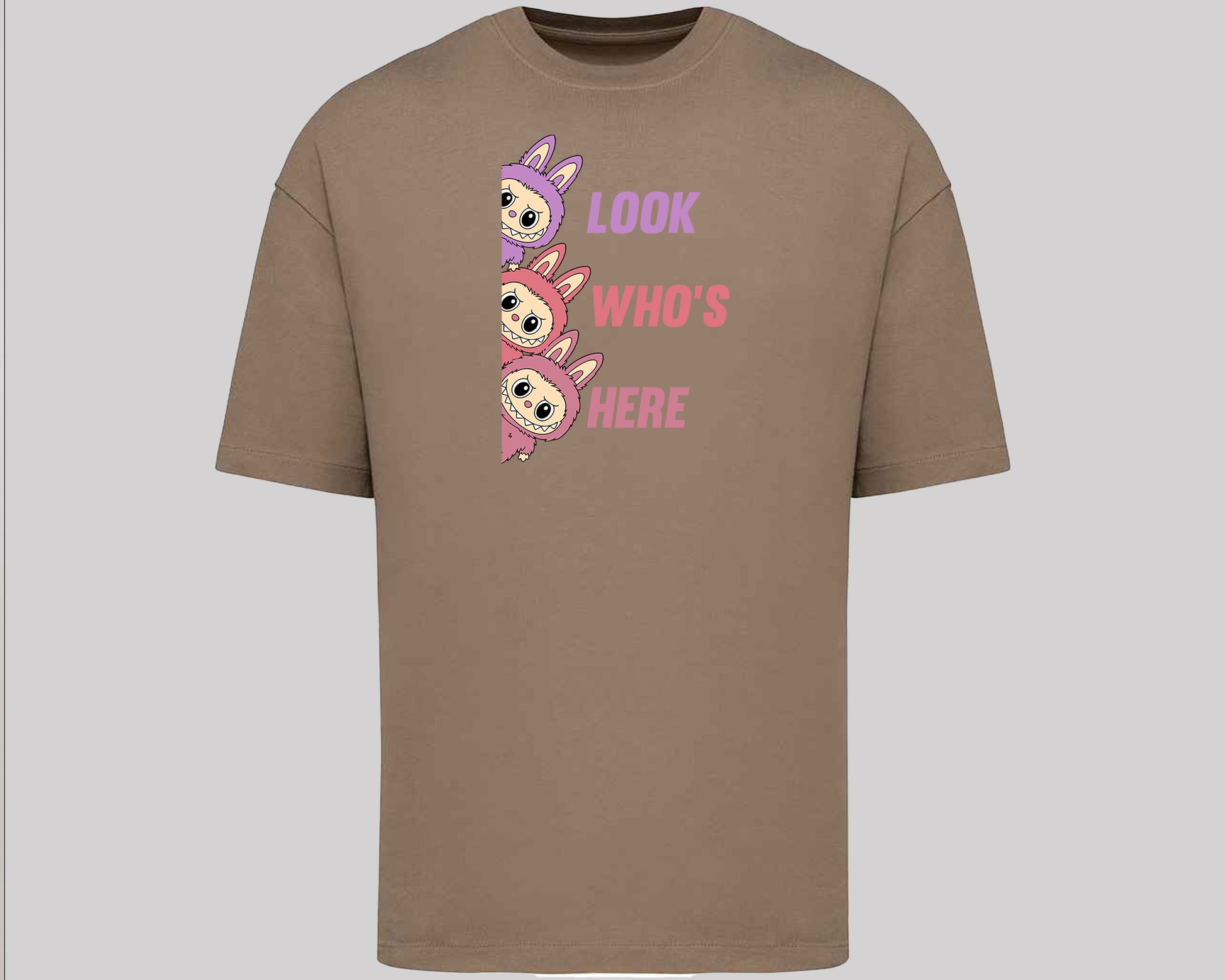 Labubu Look Who's Here T-Shirt, Funny 100% Cartoon Printed Graphic Tee, Oversized Fit Style For Anime Lovers Top M8426