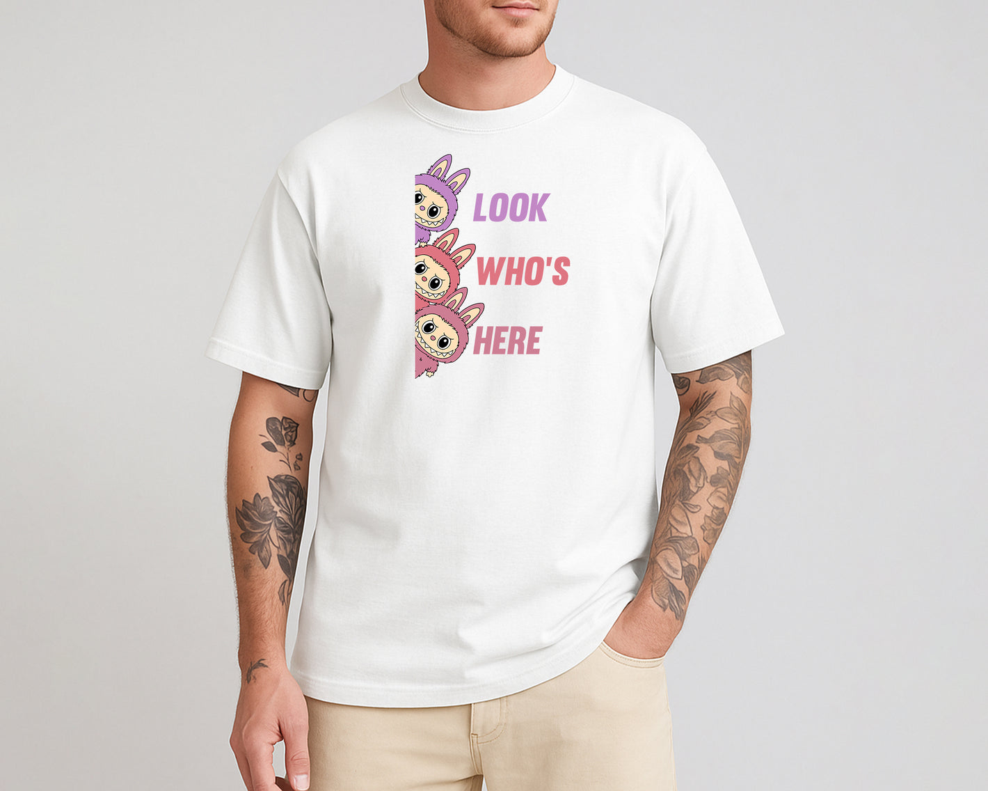 Labubu Look Who's Here T-Shirt, Funny 100% Cartoon Printed Graphic Tee, Oversized Fit Style For Anime Lovers Top M8426