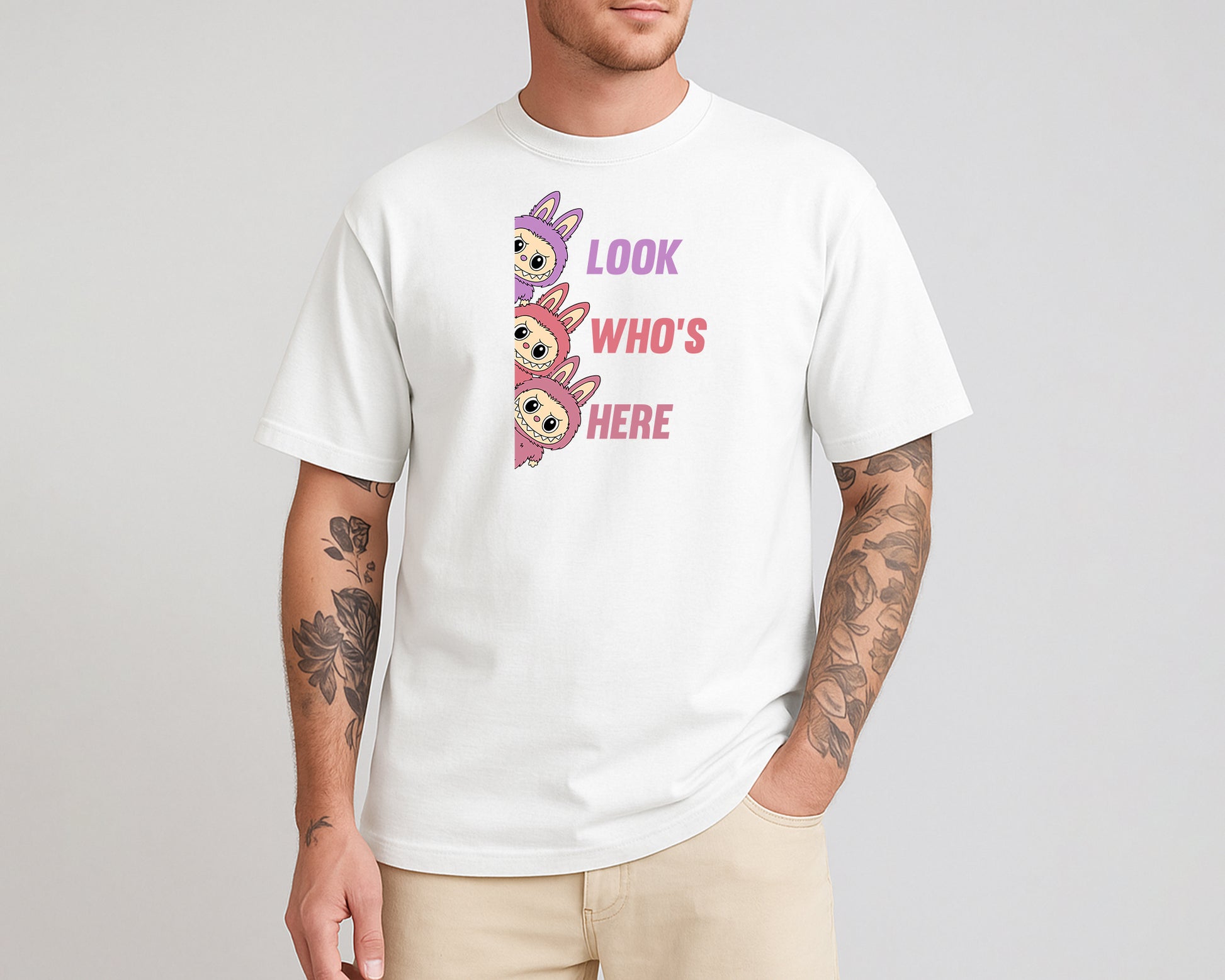Labubu Look Who's Here T-Shirt, Funny 100% Cartoon Printed Graphic Tee, Oversized Fit Style For Anime Lovers Top M8426