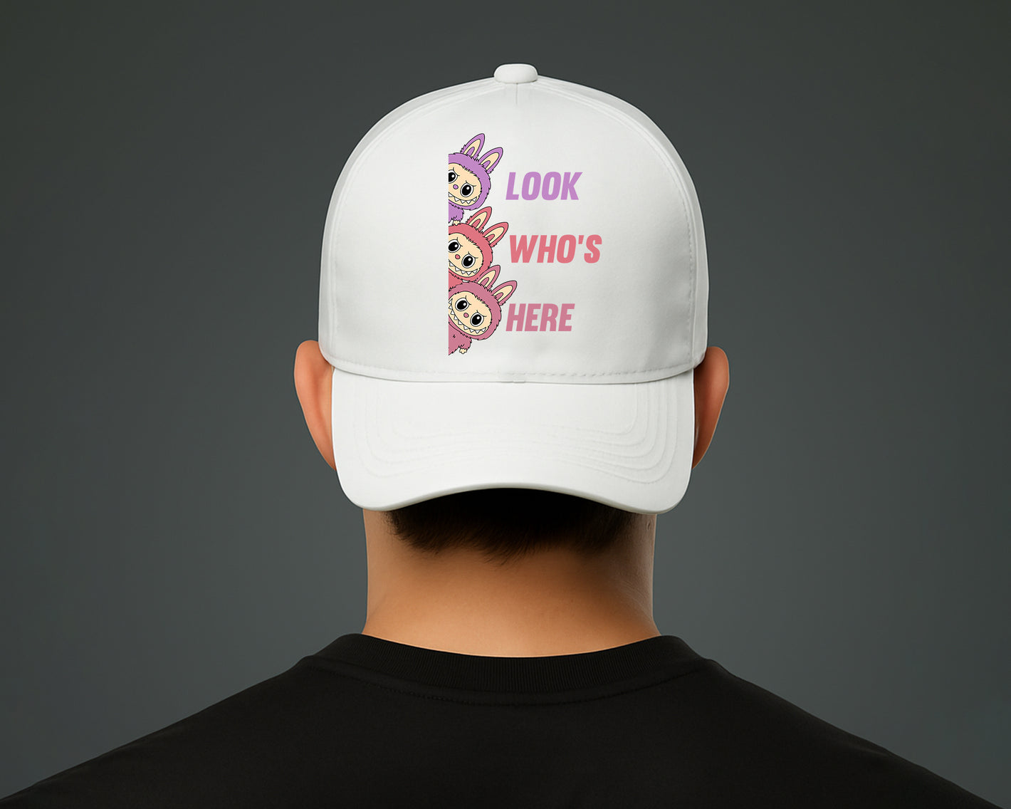 Labubu 5 Panel Cap, Look Who's Here Printed Orginal Design Hat, Pre-Curved Peak 100% Cotton Twill Cap M8426
