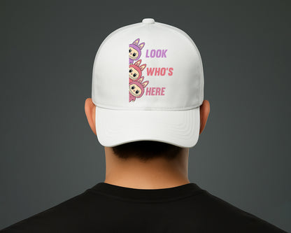 Labubu 5 Panel Cap, Look Who's Here Printed Orginal Design Hat, Pre-Curved Peak 100% Cotton Twill Cap M8426