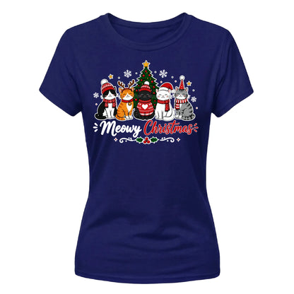 Meowy Cute Cat Graphic Christmas Ladies T-Shirt