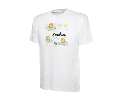 Personalized Kids T-Shirt With Cartoon Bears Flying On Clouds, Custom Name Printed Cartoon Design, Back To School Gift Top P2549