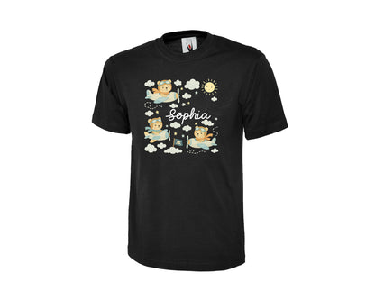 Personalized Kids T-Shirt With Cartoon Bears Flying On Clouds, Custom Name Printed Cartoon Design, Back To School Gift Top P2549