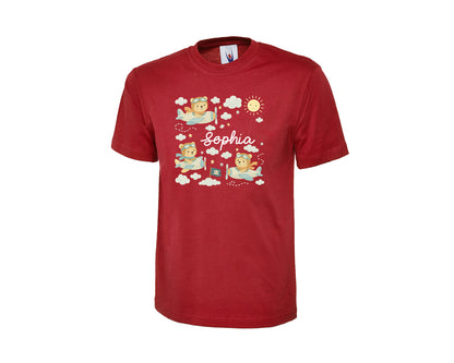 Personalized Kids T-Shirt With Cartoon Bears Flying On Clouds, Custom Name Printed Cartoon Design, Back To School Gift Top P2549