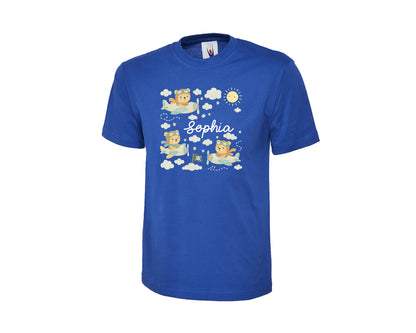 Personalized Kids T-Shirt With Cartoon Bears Flying On Clouds, Custom Name Printed Cartoon Design, Back To School Gift Top P2549