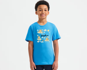 Personalized Kids T-Shirt With Cartoon Bears Flying On Clouds, Custom Name Printed Cartoon Design, Back To School Gift Top P2549