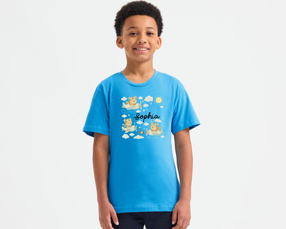 Personalized Kids T-Shirt With Cartoon Bears Flying On Clouds, Custom Name Printed Cartoon Design, Back To School Gift Top P2549