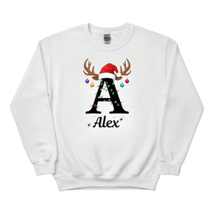 Reindeer Christmas Hat Sweatshirt with Custom Initial and Name PW237