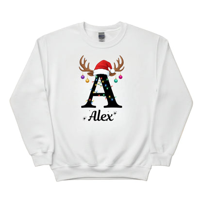 Reindeer Christmas Hat Sweatshirt with Custom Initial and Name PW237
