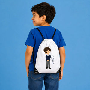 Personalised Kids String Bag with Custom Name School Boy Design