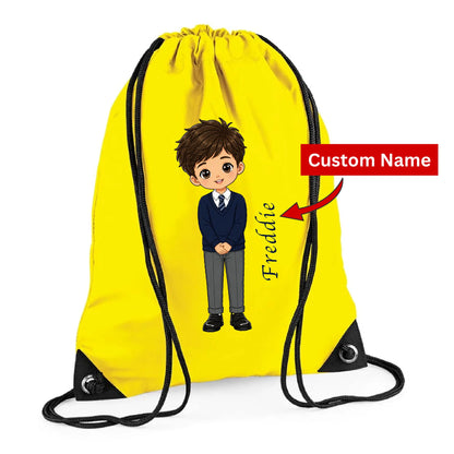 Personalised Kids String Bag with Custom Name School Boy Design