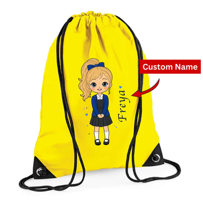 Personalised Kids String Bag with Custom Name School Girl Design