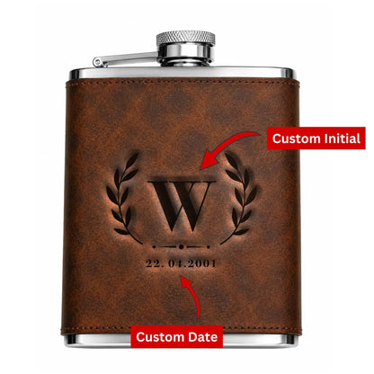 Personalised Leather Hip Flask with Engraved Monogram
