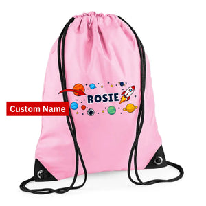 Personalised Space Rocket Kids String Bag with Custom Name