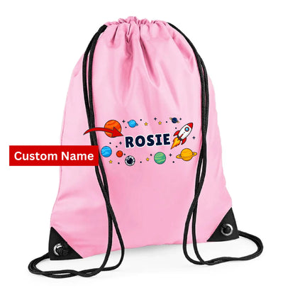 Personalised Space Rocket Kids String Bag with Custom Name