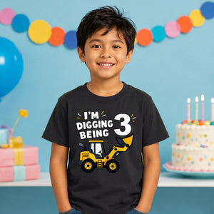 Personalised Kids Birthday T Shirt Digger Birthday Outfit Construction Truck Custom Name Unisex Kids Tee