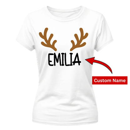 Personalised Reindeer Antlers Christmas Ladies T-Shirt