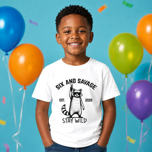 Personalised Kids Birthday T Shirt Stay Wild Raccoon Birthday Outfit Age Year Customisable Kids Tee