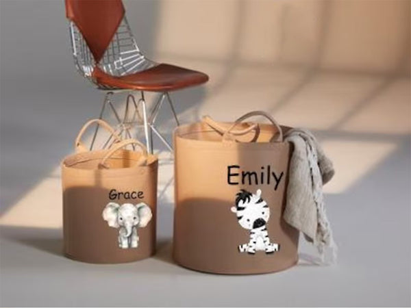 Personalised Safari Jungle Themed Bag, Custom Name Printed Toy Storage Bag, Safari Jungle Themed Felt Trug Toy Bin, Nursery Room Organizer