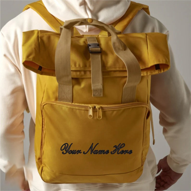 Personalised Backpack, Custom Name or Initials Printed Backpack, Twin Handle Roll-Top Travel Bags, 100 Polyester Bags, Back to School Gifts