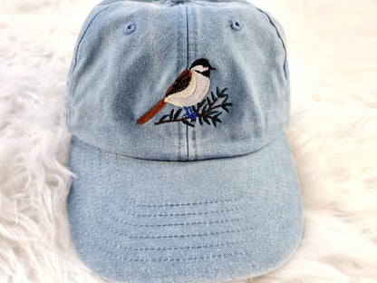 Vintage Cap, CHICKADEE Embroidered Baseball Hat, Wildlife Animal Sun Hats, Embroidery Design Bird On Cap, Cotton Summer Fashion Trucker Hats