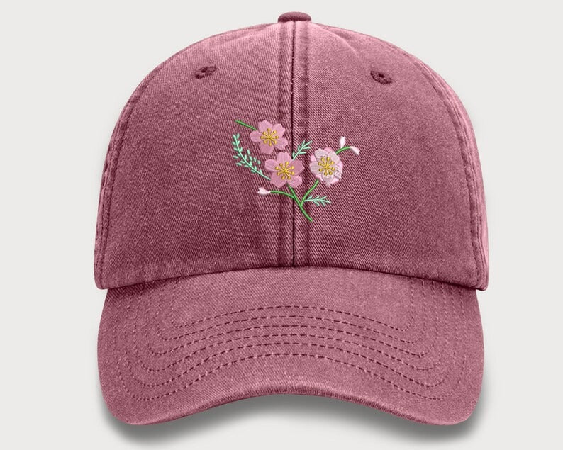 Womens Floral Baseball Cap, Embroidered FLOWER Comfort Colors Sun Hat, Snapback Easy Fit Vintage Cap, Girlfriend Wife Grandma Birthday Gift