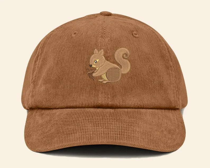 Squirrel Corduroy Cap, Embroidered Vintage Baseball Cap, Wildlife Cool Design Sun Hat, Comfort Colors Animal Designs Caps,