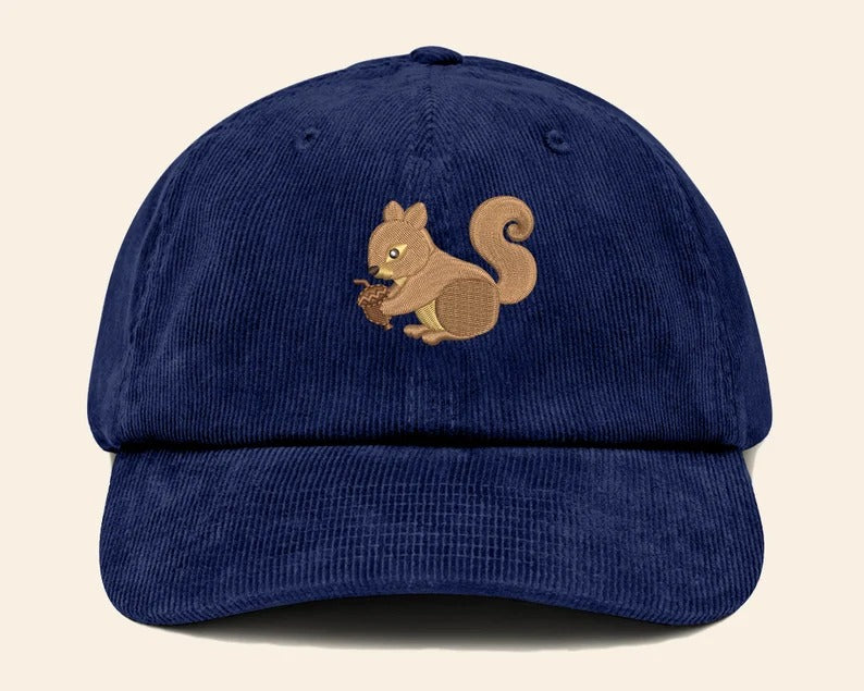 Squirrel Corduroy Cap, Embroidered Vintage Baseball Cap, Wildlife Cool Design Sun Hat, Comfort Colors Animal Designs Caps,