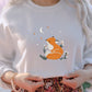 Vintage Aesthetic Fox Moon Art Sweatshirt, Embroidered Floral Daisy Design Unisex Crewneck Sweater, Cute Nature Forest Fox Minimalist Jumper