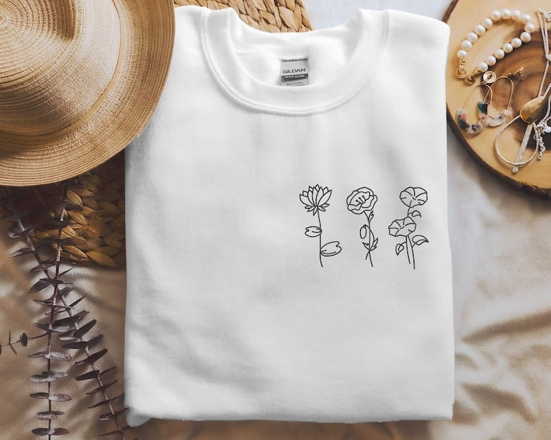 Custom Birth Month Flower Sweatshirt, Embroidered Wildflower With Name Sweater, Crewneck Jumper, Cottagecore Floral Shirt, Mom Dad Nana Gift