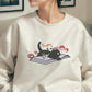 Embroidered Cat Sweatshirt, Cute Kitten On Books Embroider Jumper, Wild Mushrooms Design Embroidered Sweater, Books Reading Cat Lover Outfit