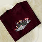 Embroidered Cat Sweatshirt, Cute Kitten On Books Embroider Jumper, Wild Mushrooms Design Embroidered Sweater, Books Reading Cat Lover Outfit