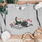 Embroidered Cat Sweatshirt, Cute Kitten On Books Embroider Jumper, Wild Mushrooms Design Embroidered Sweater, Books Reading Cat Lover Outfit